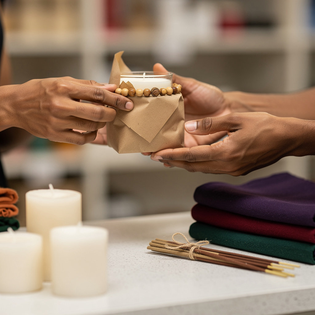 Fortune City Bargain Center team member assisting a customer with authentic cultural items in San Diego